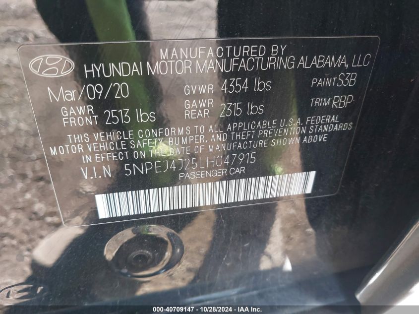 2020 Hyundai Sonata Sel Plus VIN: 5NPEJ4J25LH047915 Lot: 40709147