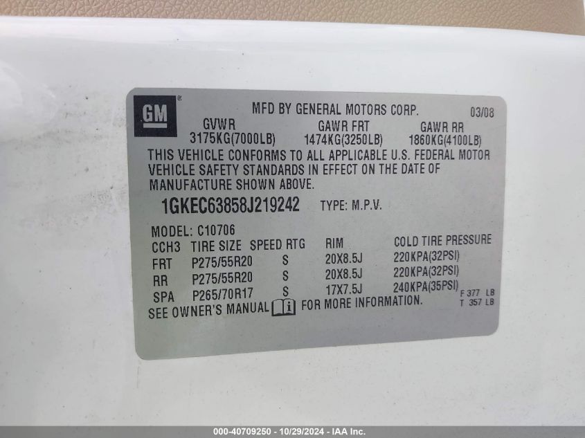 2008 GMC Yukon Denali VIN: 1GKEC63858J219242 Lot: 40709250