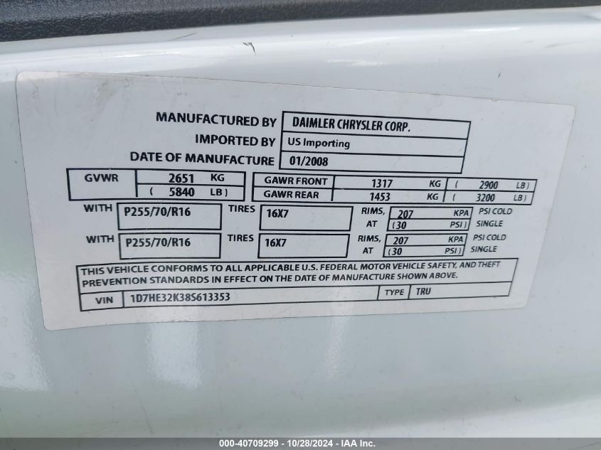 2008 Dodge Dakota Sxt VIN: 1D7HE32K38S613353 Lot: 40709299