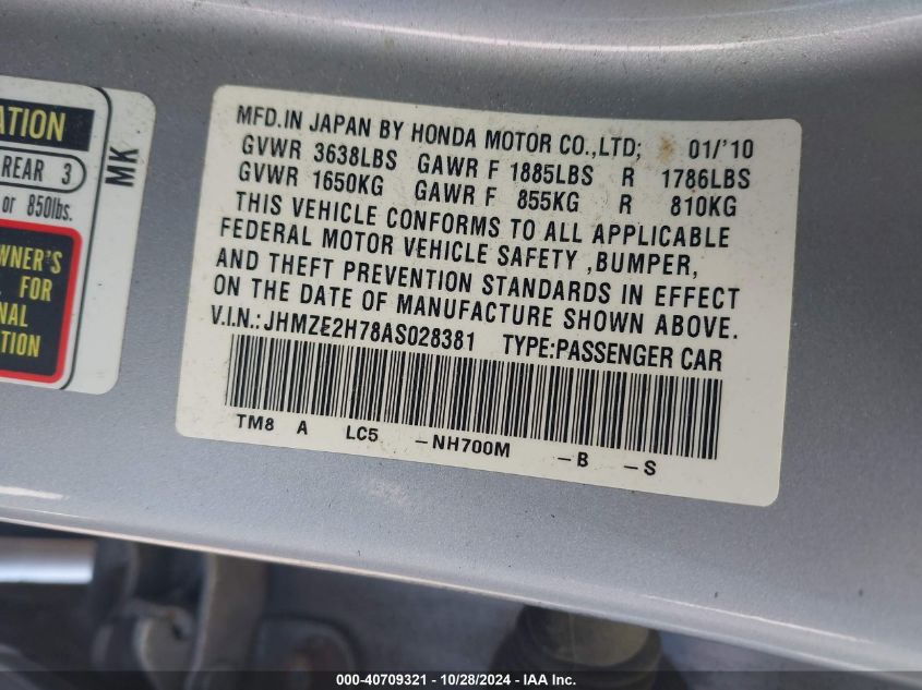 2010 Honda Insight Ex VIN: JHMZE2H78AS028381 Lot: 40709321