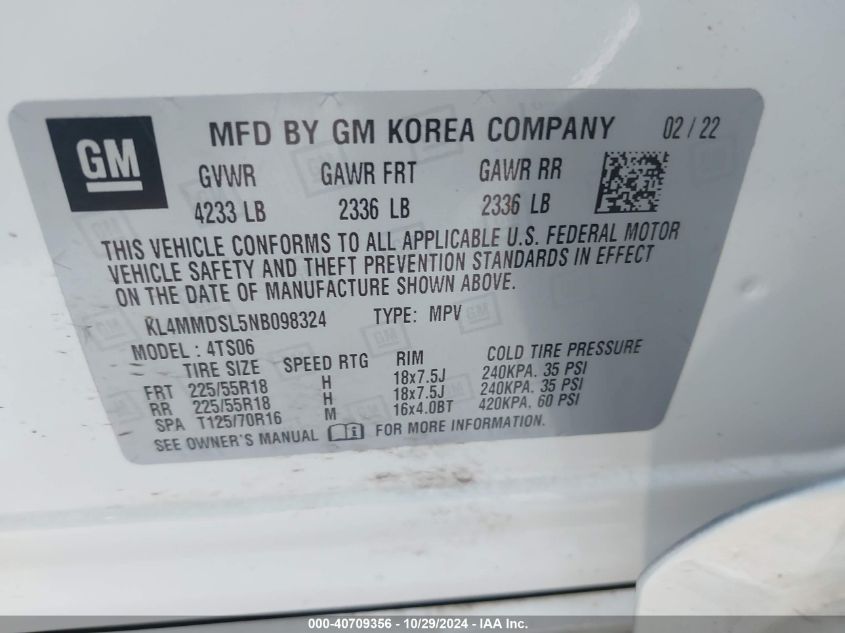 2022 Buick Encore Gx Fwd Select VIN: KL4MMDSL5NB098324 Lot: 40709356