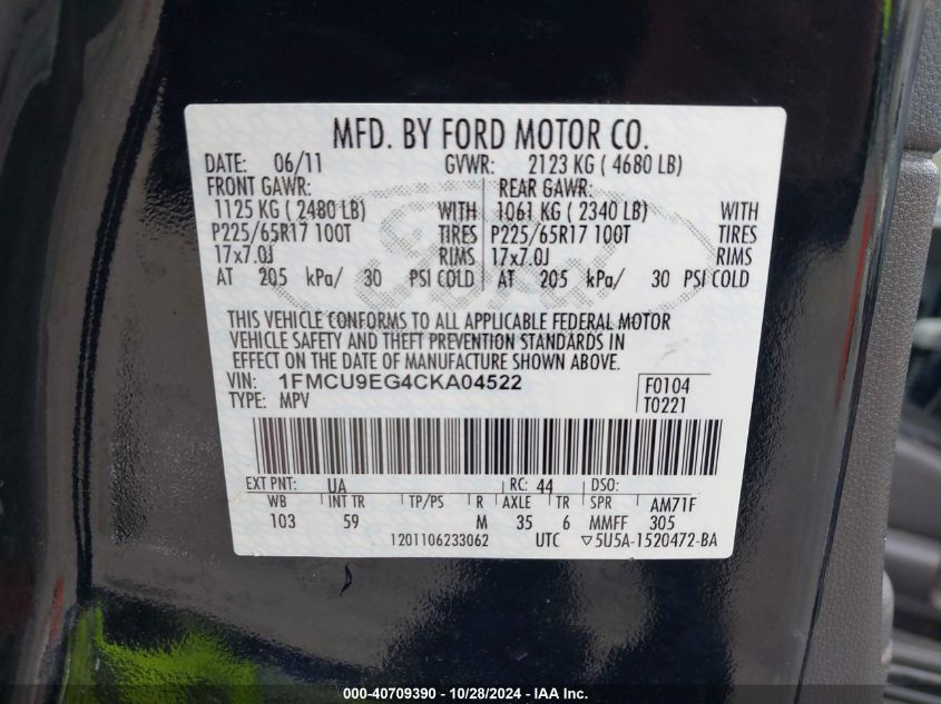 2012 Ford Escape Limited VIN: 1FMCU9EG4CKA04522 Lot: 40709390