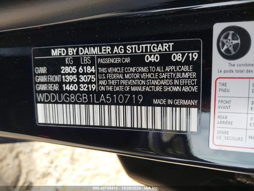 2020 Mercedes-Benz S 560 4Matic VIN: WDDUG8GB1LA510719 Lot: 40709415