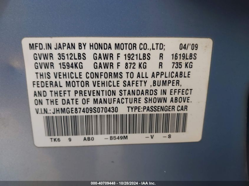 2009 Honda Fit Sport VIN: JHMGE87409S070430 Lot: 40709448