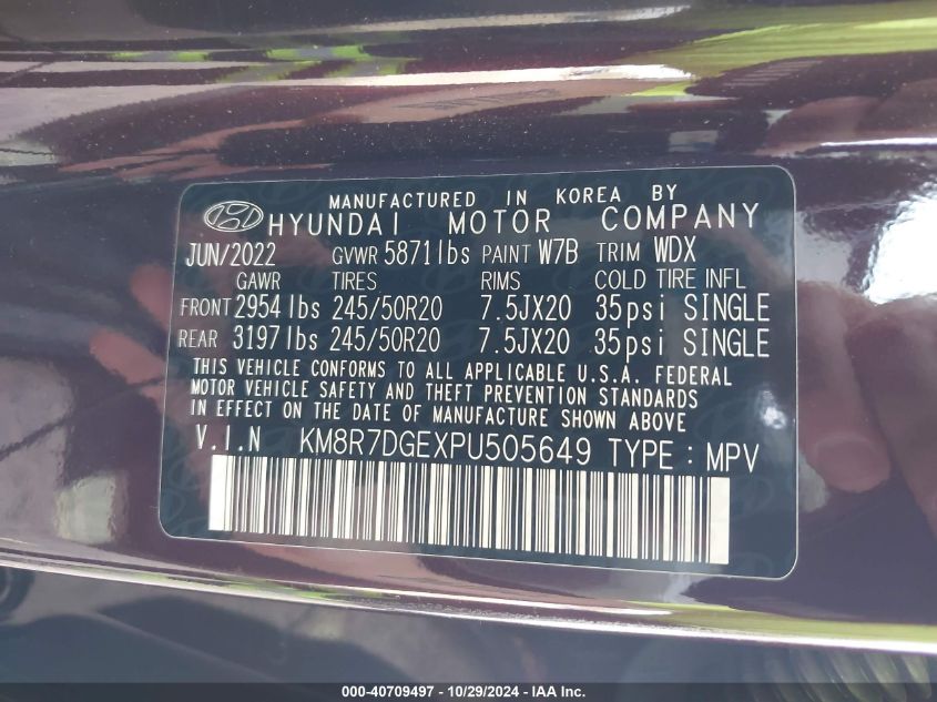 2023 Hyundai Palisade Calligraphy VIN: KM8R7DGEXPU505649 Lot: 40709497