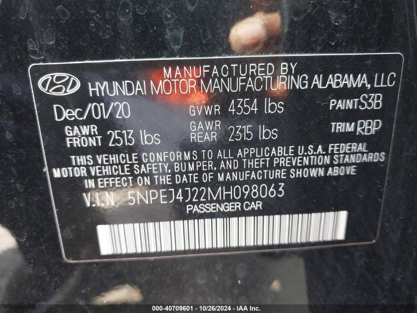 2021 Hyundai Sonata Sel Plus VIN: 5NPEJ4J22MH098063 Lot: 40709601