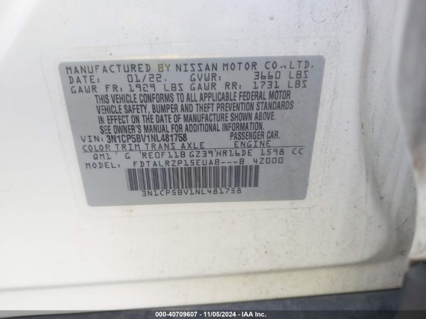 2022 Nissan Kicks S Xtronic Cvt VIN: 3N1CP5BV1NL481758 Lot: 40709607