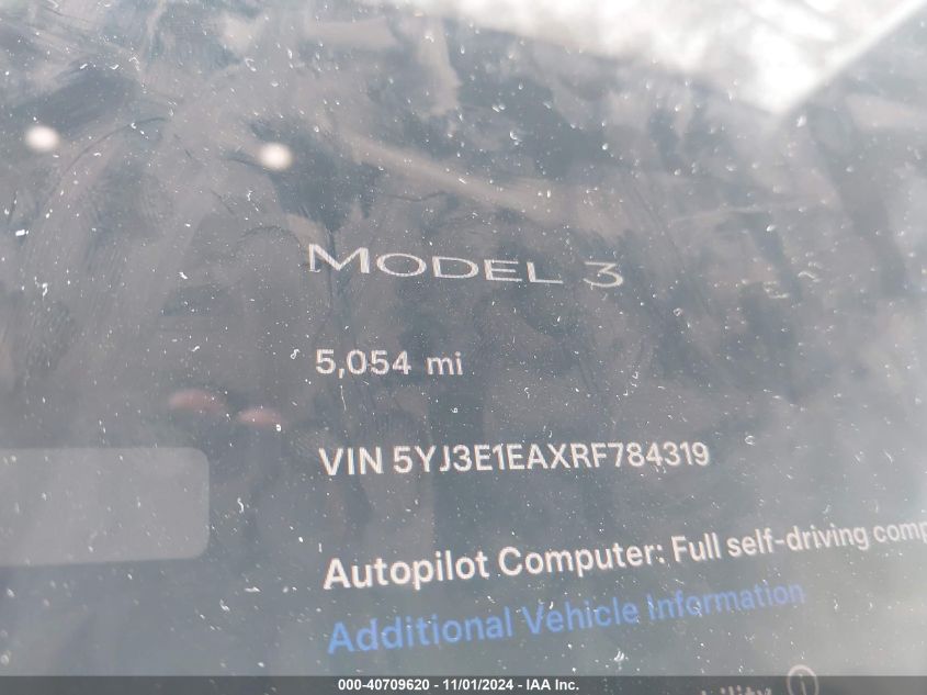 2024 Tesla Model 3 Rear-Wheel Drive VIN: 5YJ3E1EAXRF784319 Lot: 40709620