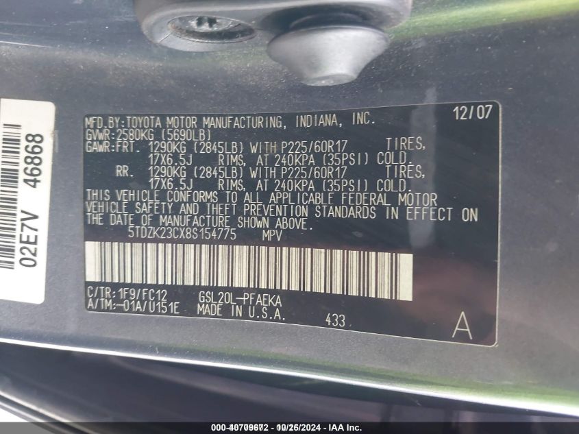 2008 Toyota Sienna Le VIN: 5TDZK23CX8S154775 Lot: 40709672