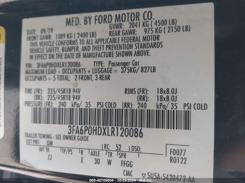 VIN 3FA6P0HDXLR120086 2020 FORD FUSION no.9