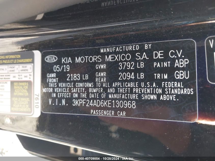 2019 Kia Forte Lxs VIN: 3KPF24AD6KE130968 Lot: 40709854