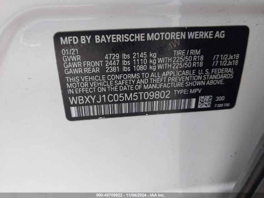 2021 BMW X2 xDrive28I VIN: WBXYJ1C05M5T09802 Lot: 40709922