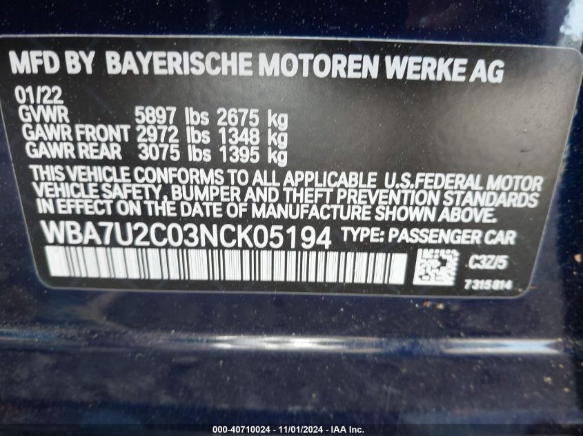 2022 BMW 750 I xDrive VIN: WBA7U2C03NCK05194 Lot: 40710024