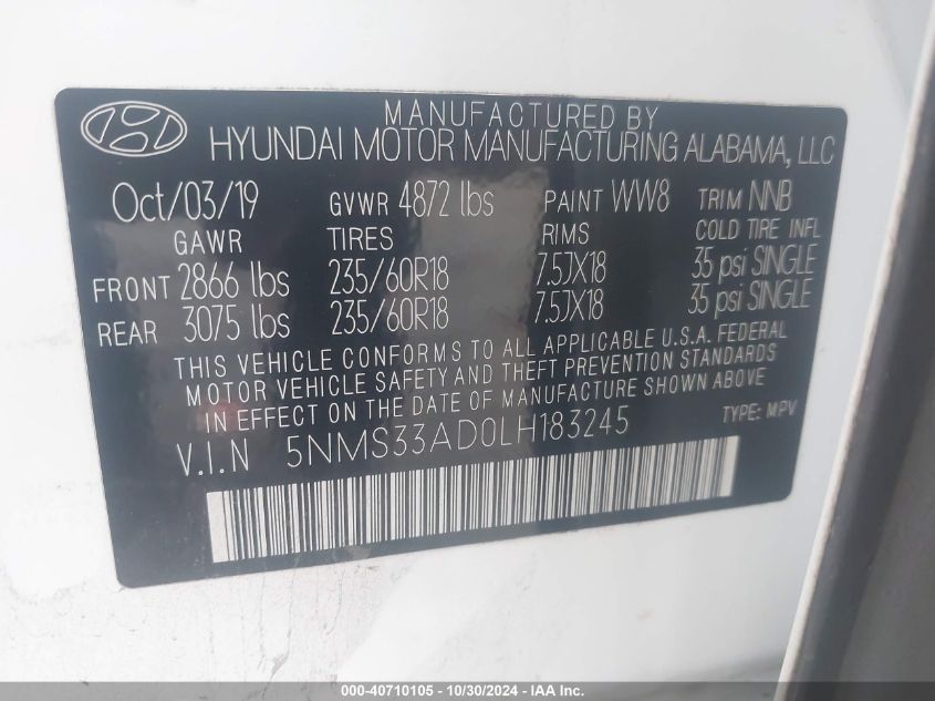 2020 Hyundai Santa Fe Sel/Sel Plus VIN: 5NMS33AD0LH183245 Lot: 40710105