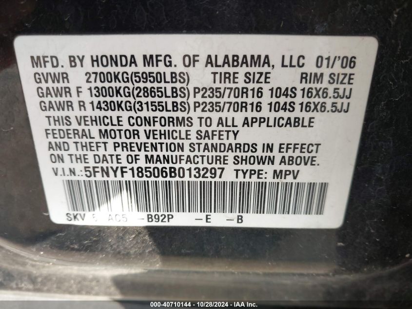 2006 Honda Pilot Ex-L VIN: 5FNYF18506B013297 Lot: 40710144