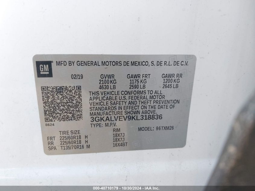 2019 GMC Terrain Slt VIN: 3GKALVEV9KL318836 Lot: 40710179