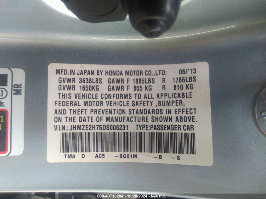 2013 Honda Insight Ex VIN: JHMZE2H75DS006231 Lot: 40710204