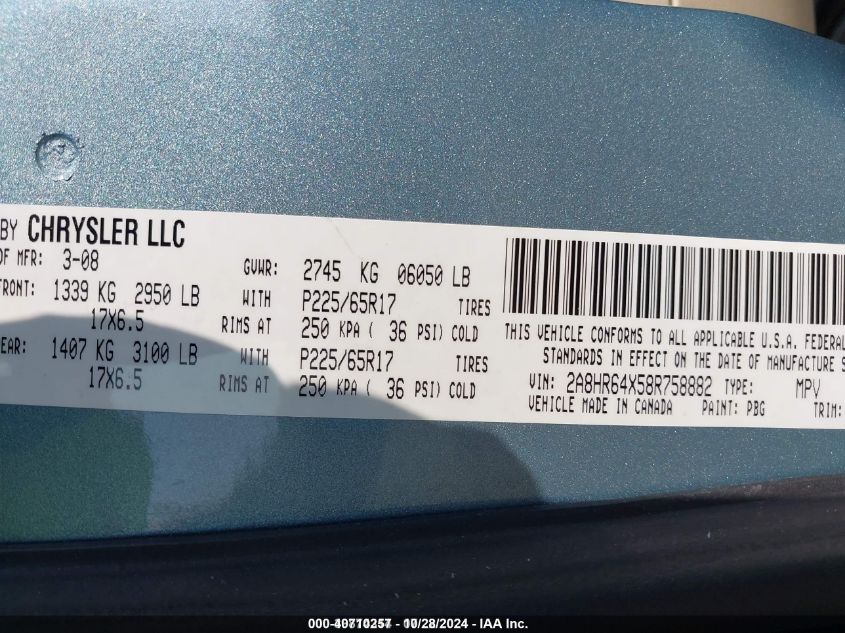 2008 Chrysler Town & Country Limited VIN: 2A8HR64X58R758882 Lot: 40710257