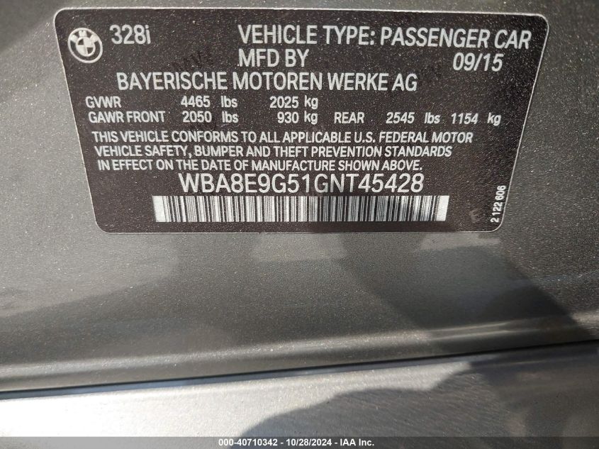 VIN WBA8E9G51GNT45428 2016 BMW 3 Series, 328I no.9