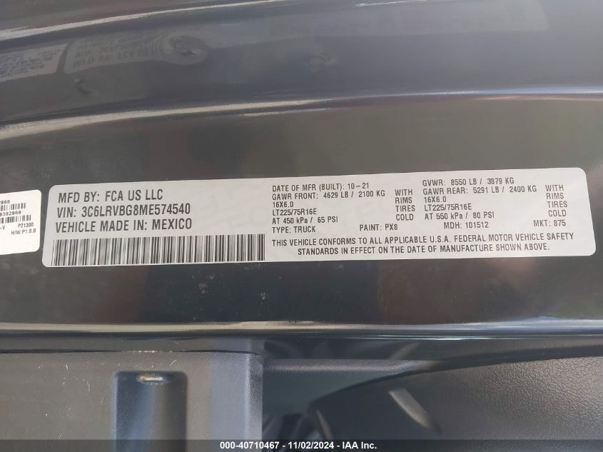 VIN 3C6LRVBG8ME574540 2021 RAM PROMASTER 1500 136 WB