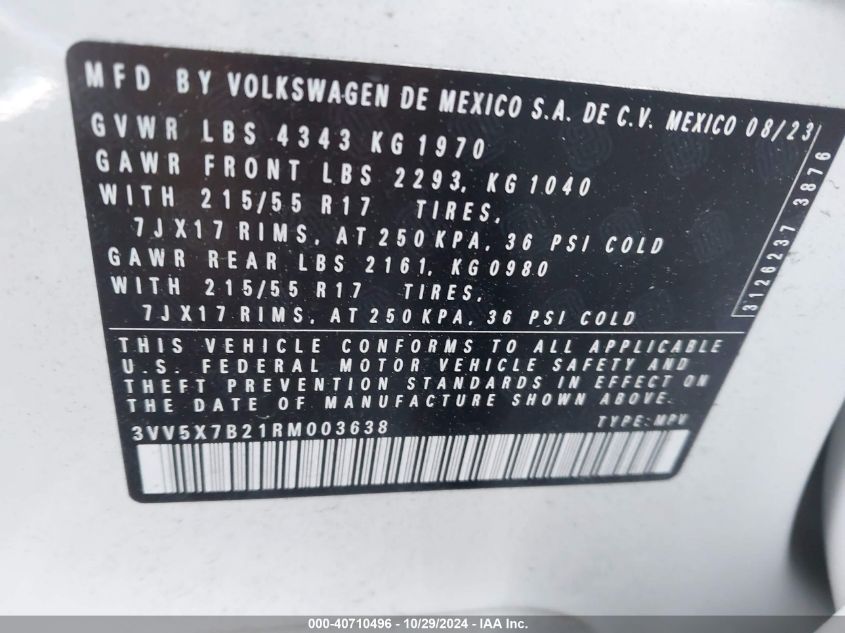 2024 Volkswagen Taos 1.5T S VIN: 3VV5X7B21RM003638 Lot: 40710496