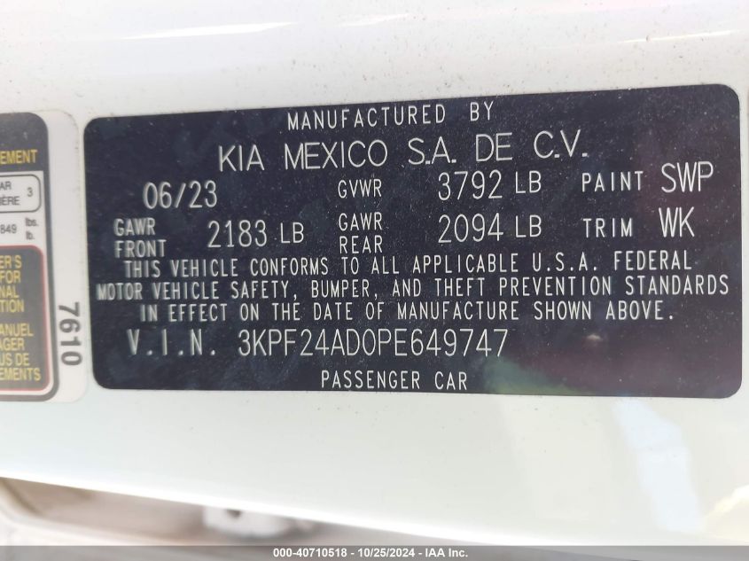 2023 Kia Forte Lxs VIN: 3KPF24AD0PE649747 Lot: 40710518