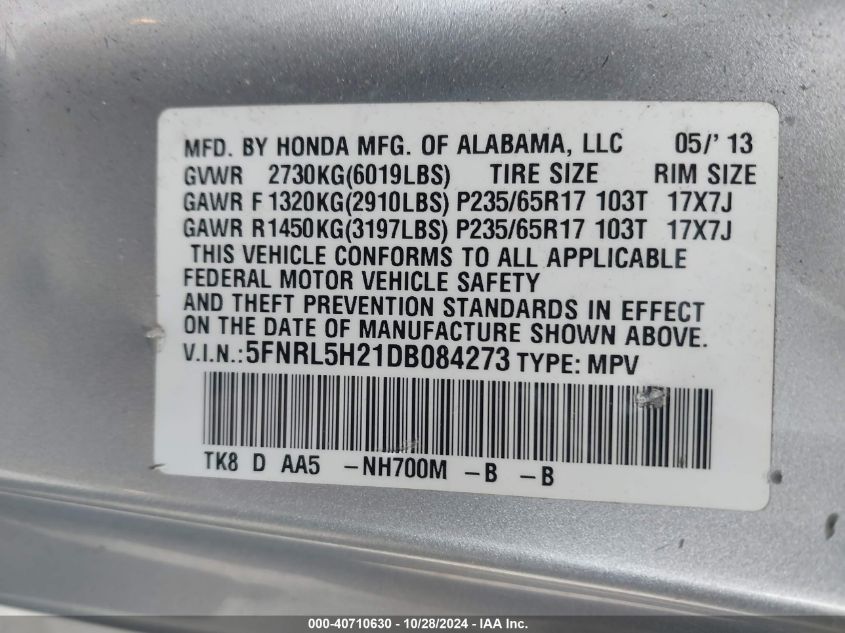 VIN 5FNRL5H21DB084273 2013 Honda Odyssey, LX no.9