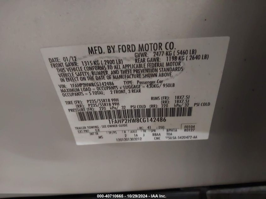 2012 Ford Taurus Sel VIN: 1FAHP2HW8CG142486 Lot: 40710665