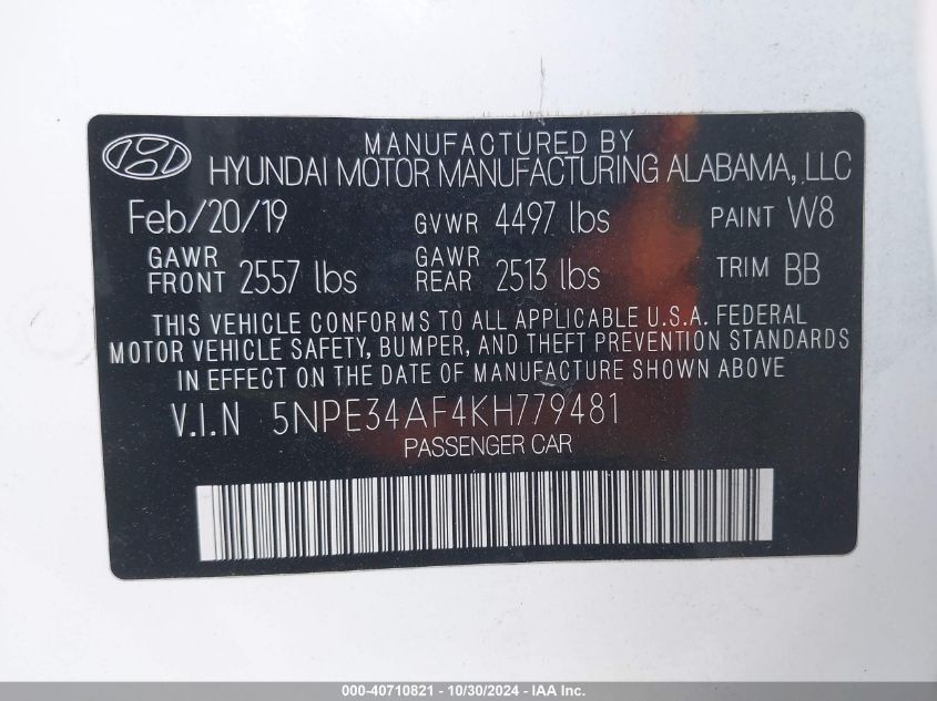 2019 Hyundai Sonata Sel VIN: 5NPE34AF4KH779481 Lot: 40710821