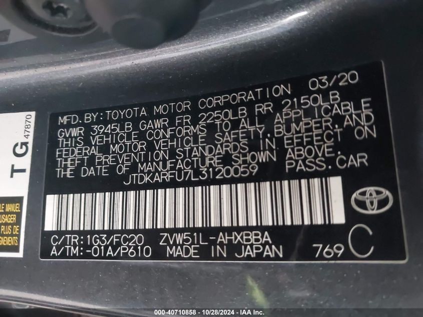 2020 Toyota Prius L Eco VIN: JTDKARFU7L3120059 Lot: 40710858