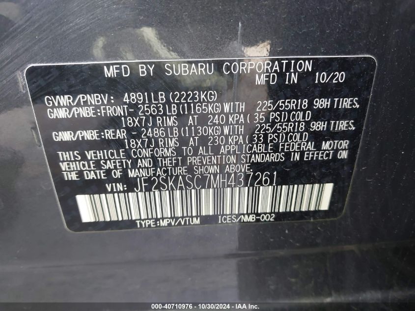 2021 Subaru Forester Limited VIN: JF2SKASC7MH437261 Lot: 40710976