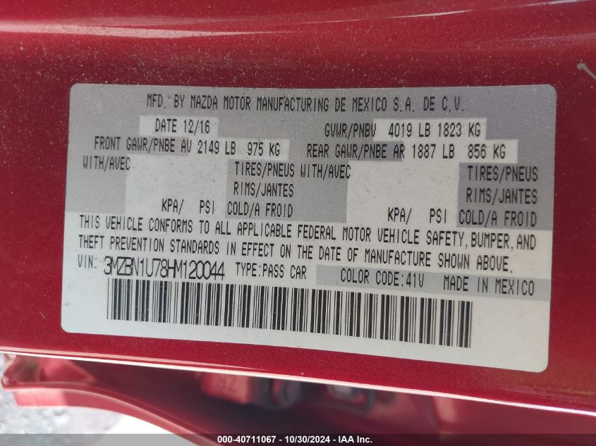 2017 Mazda Mazda3 Sport VIN: 3MZBN1U78HM120044 Lot: 40711067