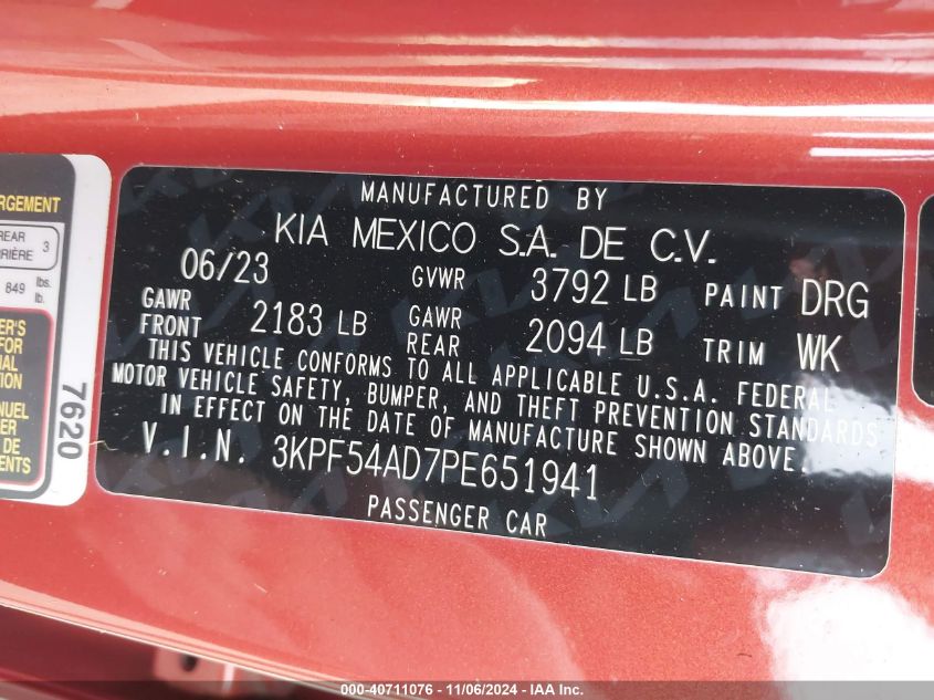 2023 Kia Forte Gt-Line VIN: 3KPF54AD7PE651941 Lot: 40711076