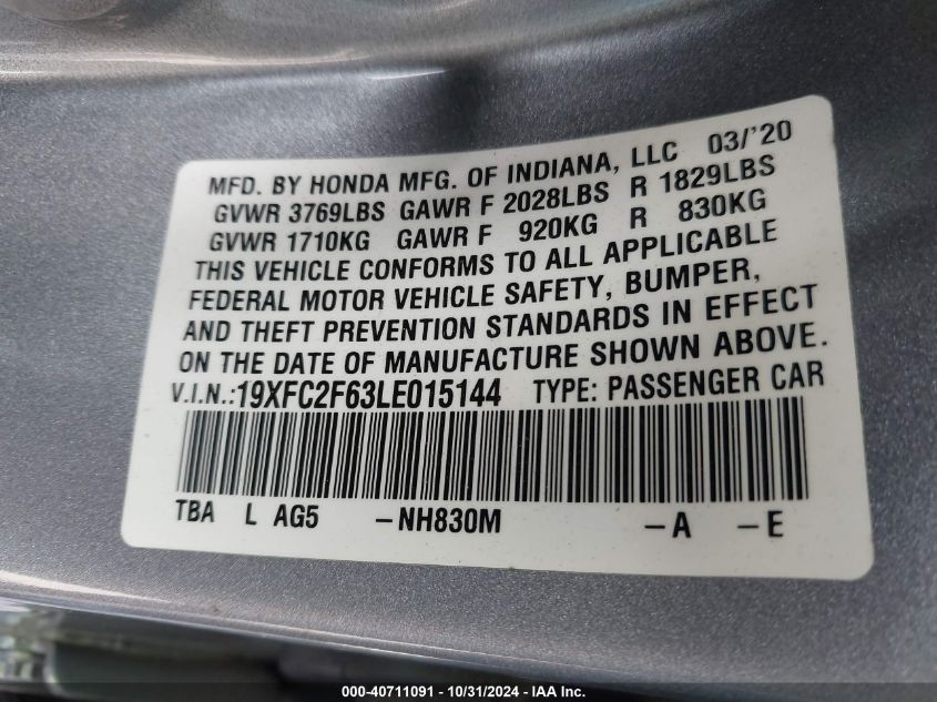 2020 Honda Civic Lx VIN: 19XFC2F63LE015144 Lot: 40711091