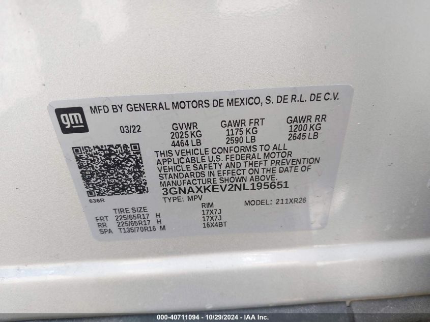 2022 CHEVROLET EQUINOX FWD LT - 3GNAXKEV2NL195651