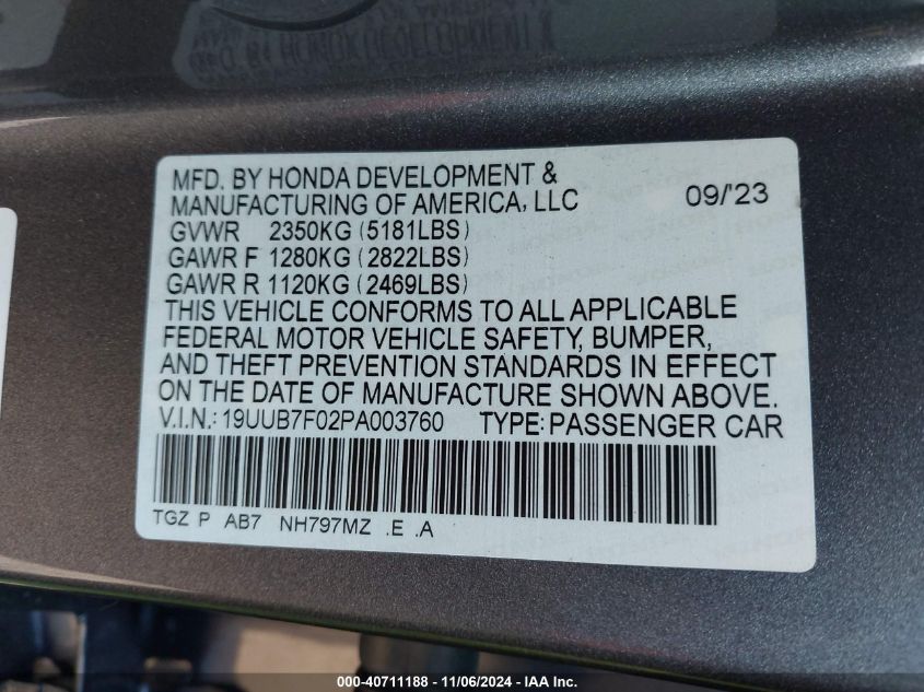 2023 ACURA TLX VIN: 19UUB7F02PA003760