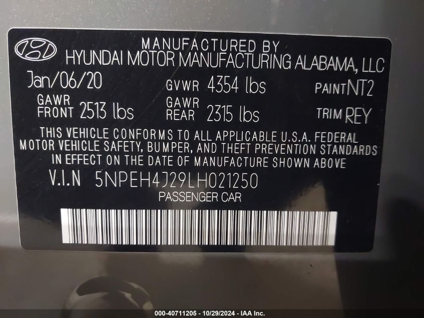 2020 Hyundai Sonata Limited VIN: 5NPEH4J29LH021250 Lot: 40711205