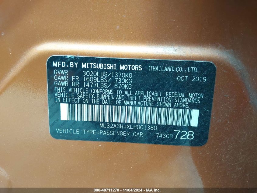 2020 Mitsubishi Mirage Es/Se VIN: ML32A3HJXLH001380 Lot: 40711270