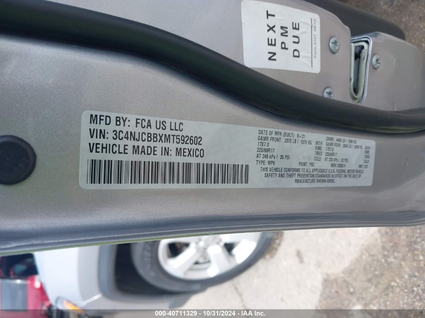 2021 Jeep Compass Latitude Fwd VIN: 3C4NJCBBXMT592602 Lot: 40711329