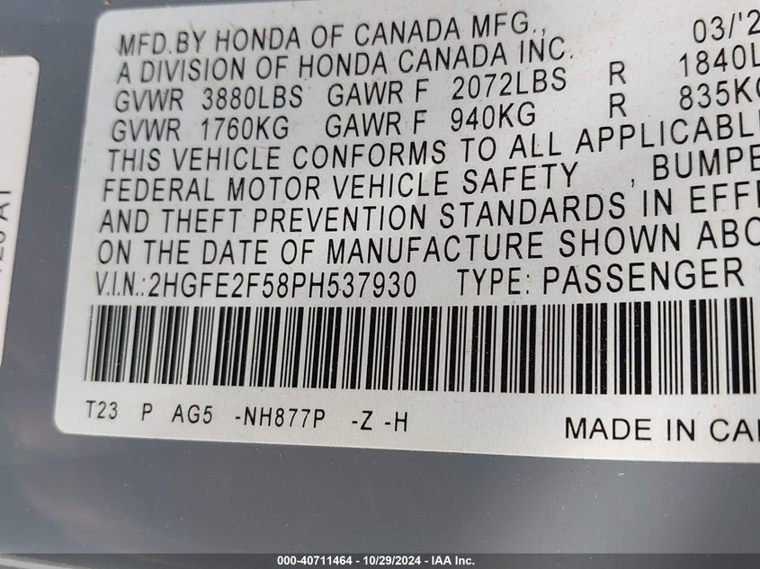 VIN 2HGFE2F58PH537930 2023 HONDA CIVIC SPORT