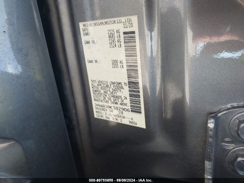 2021 NISSAN MAXIMA SV XTRONIC CVT - 1N4AA6CV6MC502906