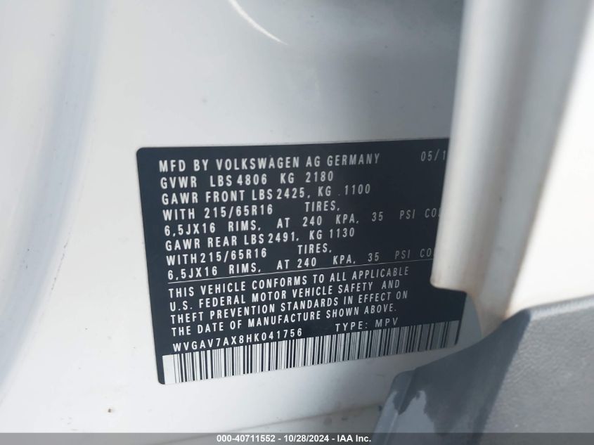 VIN WVGAV7AX8HK041756 2017 VOLKSWAGEN TIGUAN 2.0T/2.0T S
