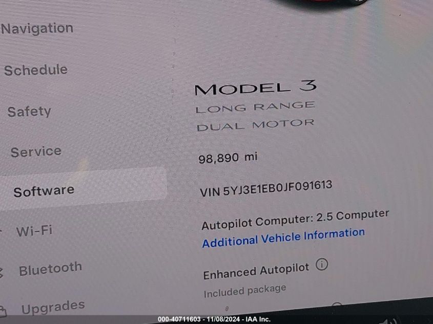 2018 Tesla Model 3 Long Range/Performance VIN: 5YJ3E1EB0JF091613 Lot: 40711603