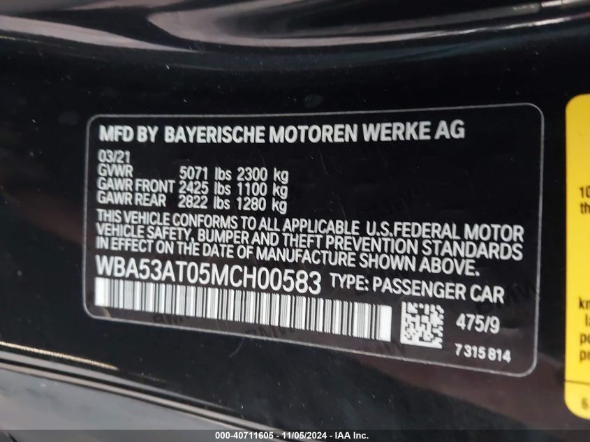 2021 BMW M440I VIN: WBA53AT05MCH00583 Lot: 40711605