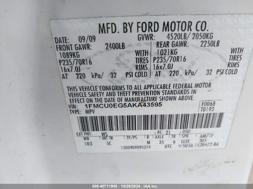 2010 Ford Escape Limited VIN: 1FMCU0EG5AKA43595 Lot: 40711908