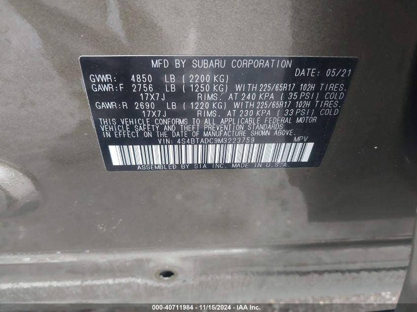 2021 Subaru Outback Premium VIN: 4S4BTADC9M3223759 Lot: 40711984