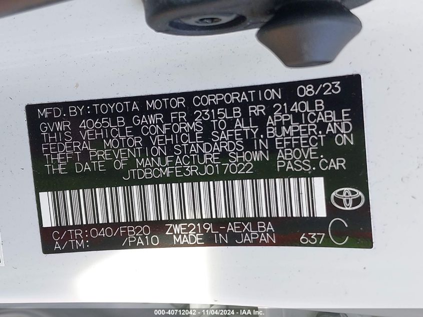 2024 Toyota Corolla Hybrid Le VIN: JTDBCMFE3RJ017022 Lot: 40712042