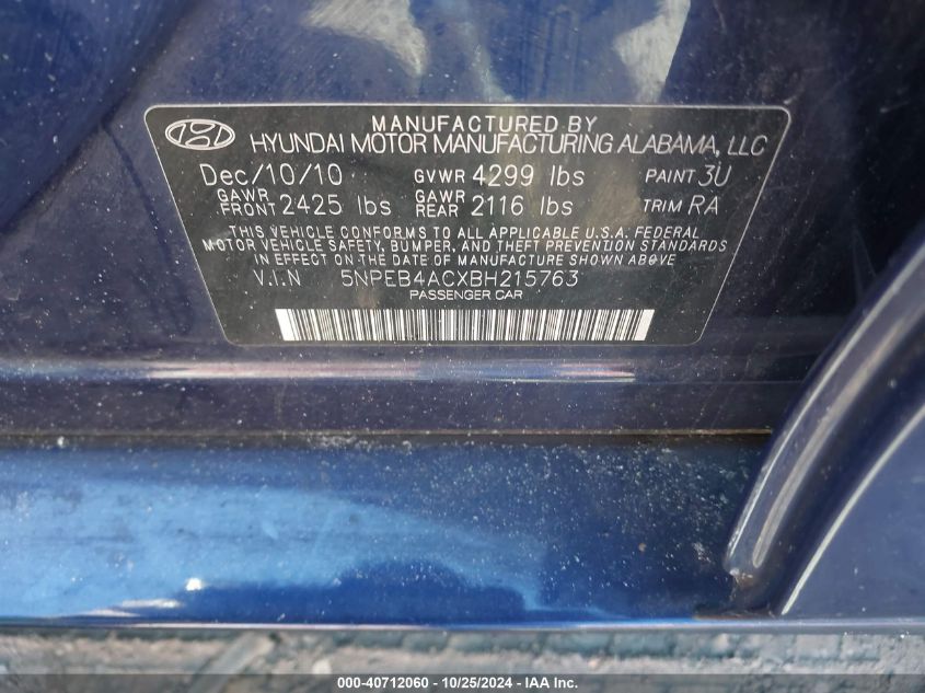 2011 Hyundai Sonata Gls VIN: 5NPEB4ACXBH215763 Lot: 40712060