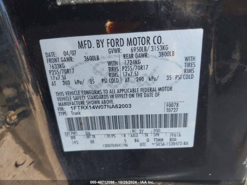 2007 Ford F-150 Fx4/Stx/Xl/Xlt VIN: 1FTRX14W07NA62003 Lot: 40712098