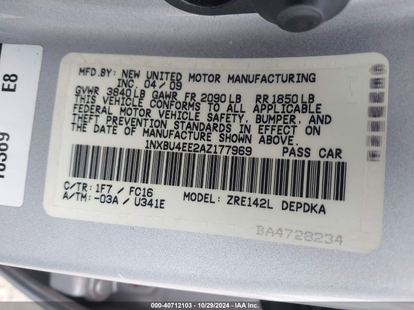 2010 TOYOTA COROLLA VIN: 1NXBU4EE2AZ177969